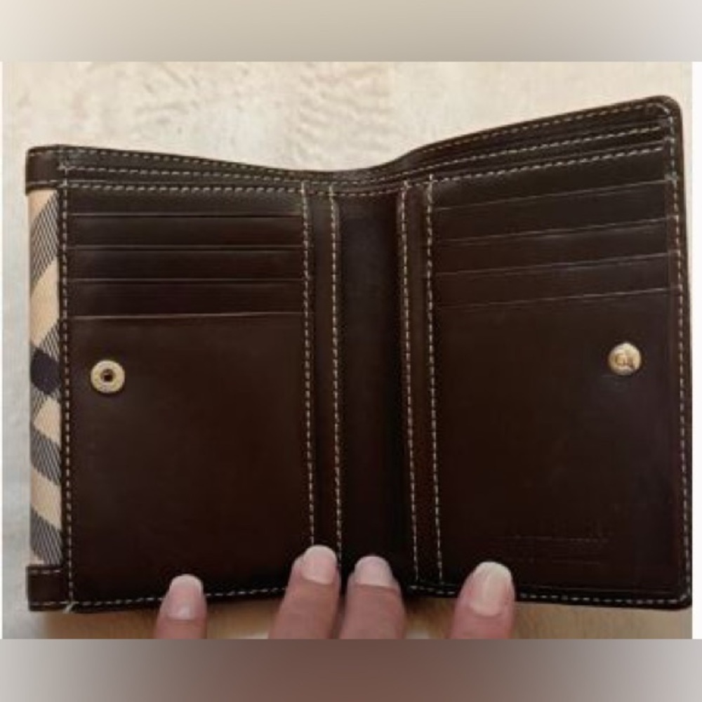 Burberry Blue Label Small Folding Wallet-6 Card Slots White Plaid Brown Leather - Picture 4 of 14